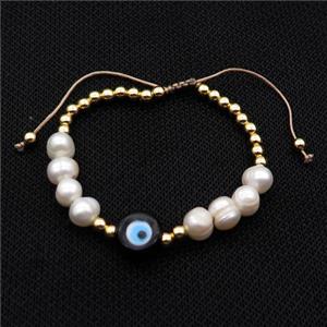 Pearl Bracelet With Lampwork Evil Eye Copper Adjustable, approx 12mm, 8mm, 4mm, 20-24cm length [FR10899]