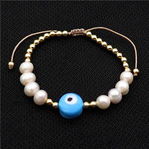 Pearl Bracelet With Lampwork Evil Eye Copper Adjustable, approx 12mm, 8mm, 4mm, 20-24cm length [FR10900]