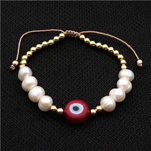 Pearl Bracelet With Lampwork Evil Eye Copper Adjustable, approx 12mm, 8mm, 4mm, 20-24cm length [FR10901]