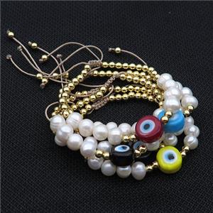 Pearl Bracelet With Lampwork Evil Eye Copper Adjustable Mixed, approx 12mm, 8mm, 4mm, 20-24cm length [FR10903]