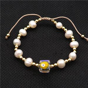 Pearl Bracelet With Evil Eye Copper Adjustable, approx 10mm, 8mm, 4mm, 20-24cm length [FR10904]