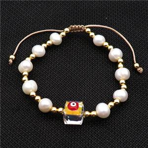 Pearl Bracelet With Evil Eye Copper Adjustable, approx 10mm, 8mm, 4mm, 20-24cm length [FR10905]