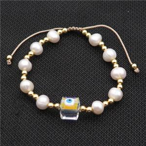 Pearl Bracelet With Evil Eye Copper Adjustable, approx 10mm, 8mm, 4mm, 20-24cm length [FR10906]