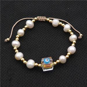 Pearl Bracelet With Evil Eye Copper Adjustable, approx 10mm, 8mm, 4mm, 20-24cm length [FR10907]