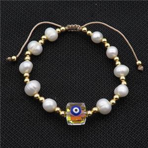 Pearl Bracelet With Evil Eye Copper Adjustable, approx 10mm, 8mm, 4mm, 20-24cm length [FR10911]