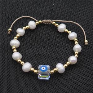 Pearl Bracelet With Evil Eye Copper Adjustable, approx 10mm, 8mm, 4mm, 20-24cm length [FR10912]