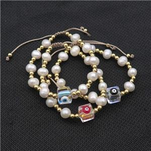 Pearl Bracelet With Evil Eye Copper Adjustable Mixed, approx 10mm, 8mm, 4mm, 20-24cm length [FR10914]