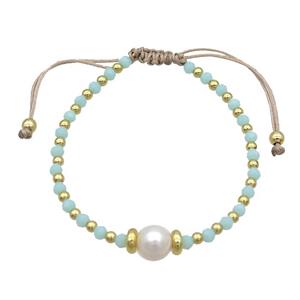 Lt.green Crystal Glass Bracelet Pearl Adjustable, approx 9mm, 3.5mm, 20-24cm length [FR10924]