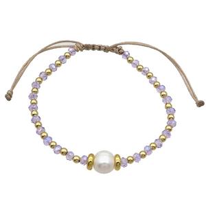Purple Crystal Glass Bracelet Pearl Adjustable, approx 9mm, 3.5mm, 20-24cm length [FR10925]