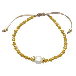 Golden Crystal Glass Bracelet Pearl Adjustable, approx 9mm, 3.5mm, 20-24cm length [FR10926]