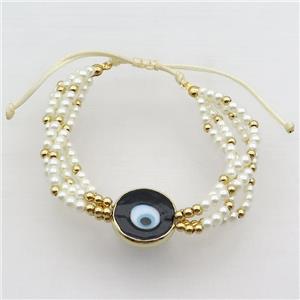 White Pearlized Glass Bracelet Black Evil Eye Adjustable, approx 18mm, 4mm, 20-24cm length [FR10930]