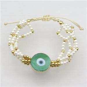 White Pearlized Glass Bracelet Green Evil Eye Adjustable, approx 18mm, 4mm, 20-24cm length [FR10931]