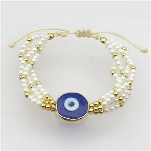 White Pearlized Glass Bracelet Blue Evil Eye Adjustable, approx 18mm, 4mm, 20-24cm length [FR10932]