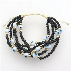 Black Crystal Glass Bracelet Evil Eye Adjustable, approx 6mm, 3.5mm, 20-24cm length [FR10939]