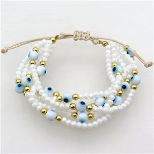 White Crystal Glass Bracelet Evil Eye Adjustable, approx 6mm, 3.5mm, 20-24cm length [FR10940]