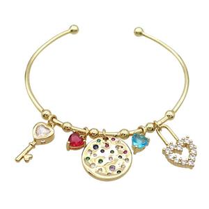 Copper Bangle Pave Crystal Glass Lock Key Gold Plated, approx 6mm,8-20mm, 55-65mm dia [FR10954]