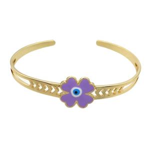 Copper Bangle Clover Lavender Enamel Gold Plated, approx 16mm, 55-65mm dia [FR10988]