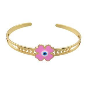 Copper Bangle Clover Pink Enamel Gold Plated, approx 16mm, 55-65mm dia [FR10991]