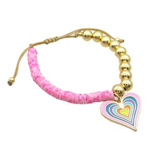Copper Bracelet Clay Adjustable Multicolor Enamel Heart Gold Plated, approx 6mm, 8mm, 23mm, 16-24cm length [FR10998]