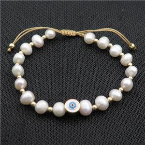 White Pearl Bracelet Evil Eye Adjustable, approx 7-8mm, 16-24cm length [FR11000]