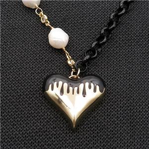 Copper Necklace Black Lacquered Heart Pearl Gold Plated, approx 25mm, 6mm, 44-50cm length [FR11076]