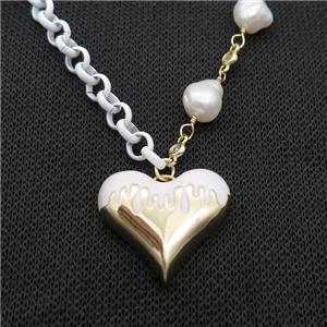 Copper Necklace White Lacquered Heart Pearl Gold Plated, approx 25mm, 6mm, 44-50cm length [FR11077]