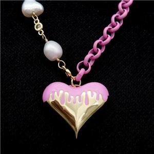Copper Necklace Pink Lacquered Heart Pearl Gold Plated, approx 25mm, 6mm, 44-50cm length [FR11079]