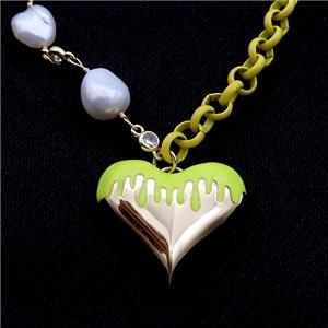 Copper Necklace Olive Lacquered Heart Pearl Gold Plated, approx 25mm, 6mm, 44-50cm length [FR11080]