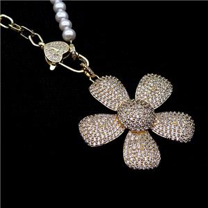 Copper Necklace Sunflower Pave Zircon Pearlized Glass Gold Plated, approx 50mm, 6mm, 48cm length [FR11083]