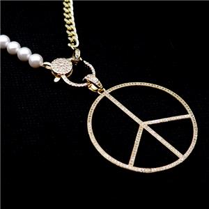 Copper Necklace Peace Sign Pave Zircon Pearlized Glass Gold Plated, approx 42mm, 6mm, 48cm length [FR11084]