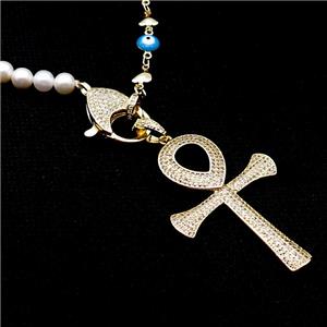Copper Necklace Cross Pave Zircon Pearlized Glass Gold Plated, approx 33-48mm, 6mm, 48cm length [FR11085]