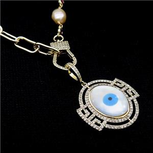 Copper Necklace Eye Pave Zircon Pearl Gold Plated, approx 30mm, 8-9mm, 48cm length [FR11086]