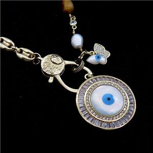Copper Necklace Eye Pave Zircon Pearl Gold Plated, approx 30mm, 8-9mm, 48cm length [FR11088]