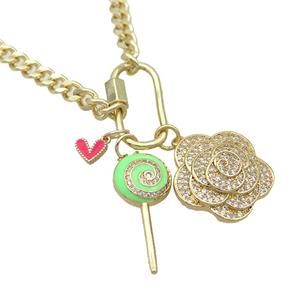 Copper Necklace Flower Pave Zircon Gold Plated, approx 23mm, 12-30mm, 50cm length [FR11091]