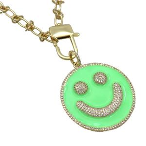 Copper Necklace Emoji Pave Zircon Green Enamel Happyface Gold Plated, approx 38mm, 6mm, 50cm length [FR11093]