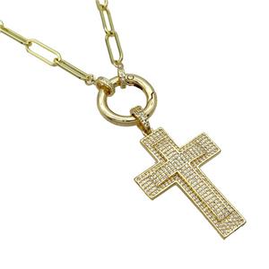 Copper Necklace Cross Pave Zircon Gold Plated, approx 28-40mm, 5-15mm, 50cm length [FR11095]