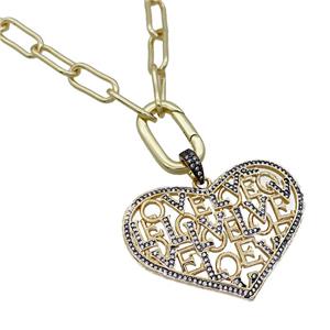 Copper Necklace Heart Pave Zircon Gold Plated, approx 35-47mm, 7-16mm, 50cm length [FR11097]