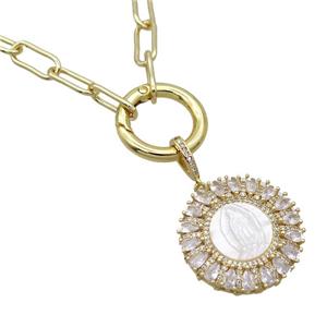 Copper Necklace Circle Pave Zircon VirginMary Shell Gold Plated, approx 30mm, 7-16mm, 50cm length [FR11098]