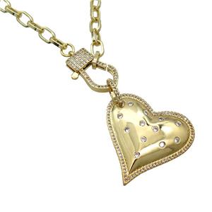 Copper Necklace Heart Pave Zircon Gold Plated, approx 35mm, 5.5-8mm, 50cm length [FR11102]