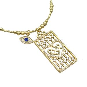 Copper Necklace Rectangle Card Pave Zircon Eye Gold Plated, approx 20-40mm, 7.5-13mm, 42-47cm length [FR11111]