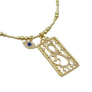 Copper Necklace Rectangle Card Pave Zircon Eye Gold Plated, approx 20-40mm, 7.5-13mm, 42-47cm length [FR11112]