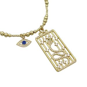 Copper Necklace Rectangle Card Pave Zircon Eye Gold Plated, approx 20-40mm, 7.5-13mm, 42-47cm length [FR11113]