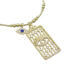 Copper Necklace Rectangle Card Pave Zircon Eye Gold Plated, approx 20-40mm, 7.5-13mm, 42-47cm length [FR11115]