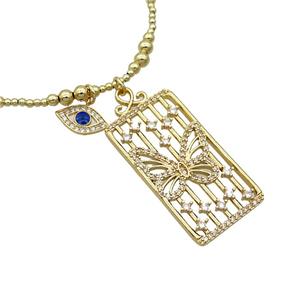 Copper Necklace Rectangle Card Pave Zircon Eye Gold Plated, approx 20-40mm, 7.5-13mm, 42-47cm length [FR11117]