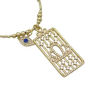 Copper Necklace Rectangle Card Pave Zircon Eye Gold Plated, approx 20-40mm, 7.5-13mm, 42-47cm length [FR11118]