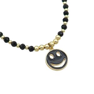 Black Crystal Glass Copper Necklace Black Enamel Emoji Gold Plated, approx 15mm, 4mm, 38-43cm length [FR11123]