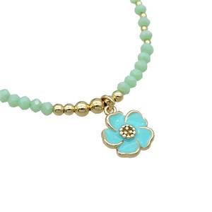 Green Crystal Glass Necklace Green Enamel Flower Gold Plated, approx 13mm, 3.5mm, 38-43cm length [FR11125]