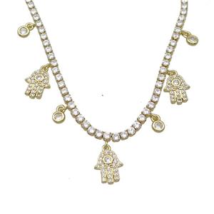 Copper Necklace Pave Crystal Glass Hamsahand Gold Plated, approx 9-11mm, 4mm, 2.5mm, 36-43cm length [FR11145]