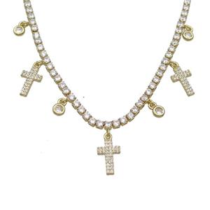 Copper Necklace Pave Crystal Glass Cross Gold Plated, approx 8-12mm, 4mm, 2.5mm, 36-43cm length [FR11147]