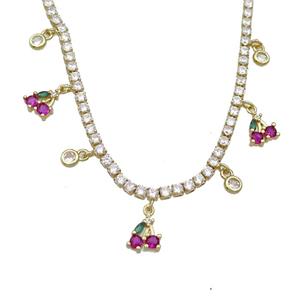 Copper Necklace Pave Crystal Glass Strawberry Gold Plated, approx 7-10mm, 4mm, 2.5mm, 36-43cm length [FR11152]